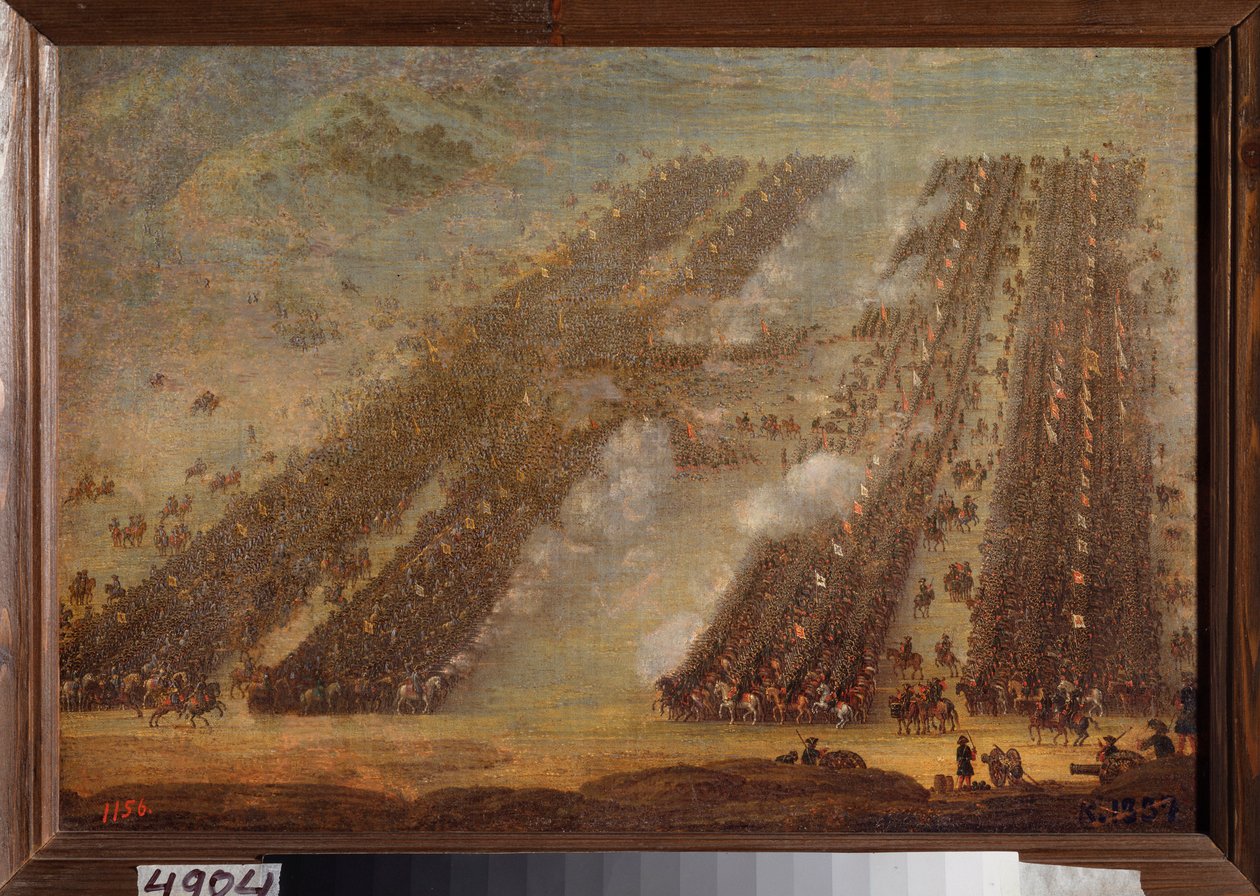 Slaget ved Poltava (Pultawa) 8. juli 1709. (Rekker med kavaleri kolliderer under den store nordkrigen (1700-1721), hæren til Peter I av Russland (1672-1725) mot troppene til Charles (Karl) XII av Sverige (1682-1718) Maleri av en av School Russian
