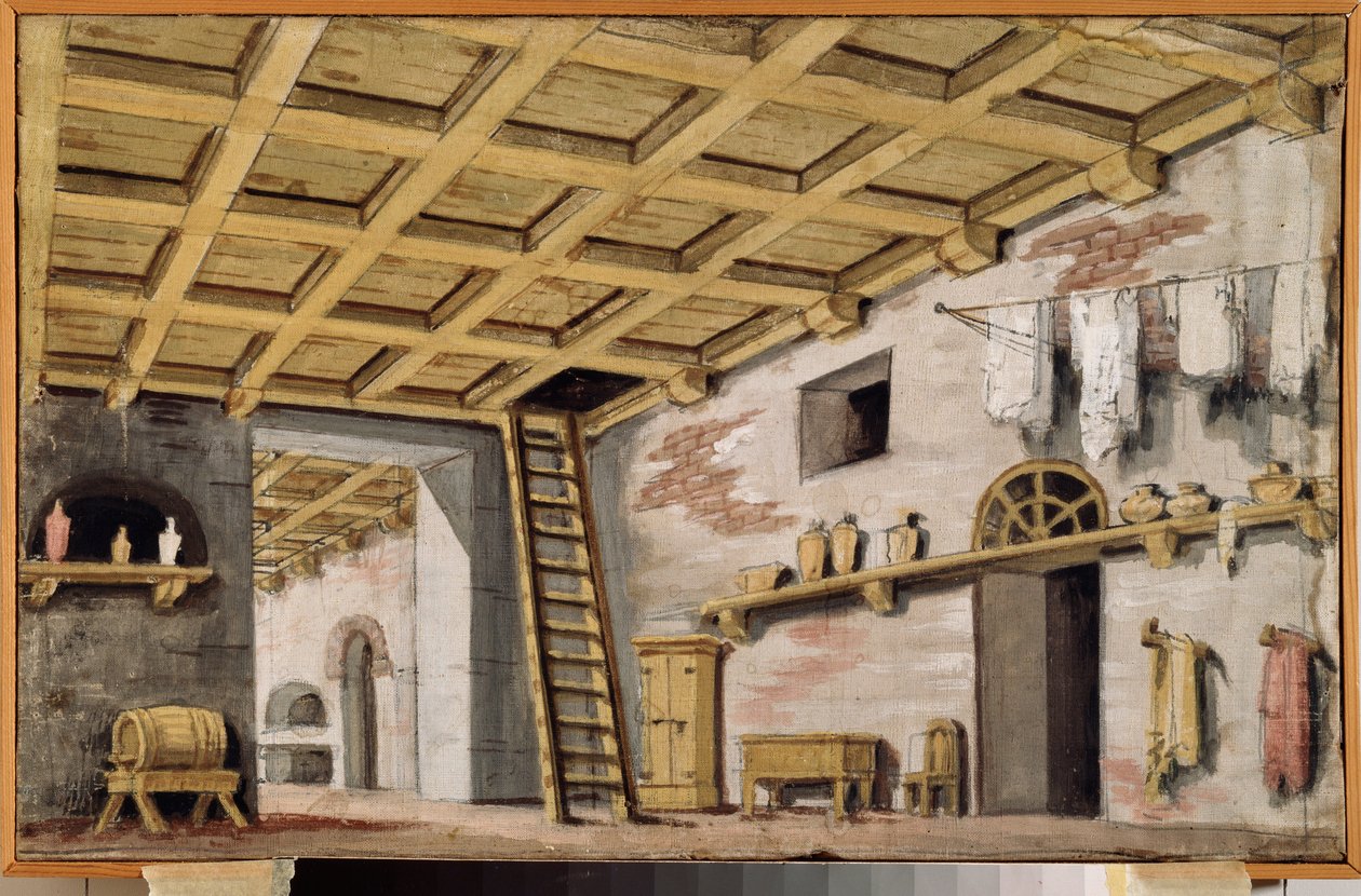 Kjøkkenet. Forberedende dekor for et skuespill. Arbeid av en russisk mester, ca 1790, tempera på lerret. Russisk scenografisk kunst fra 1700-tallet. Museum Palace Ostankino, Moskva. av School Russian