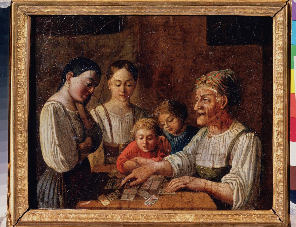Spådame. (Gammel kvinne forutsier fremtiden i kort). Maleri av en russisk mester, olje på papp, tidlig 1800-tall. Statens russiske museum, St. Petersburg. av School Russian