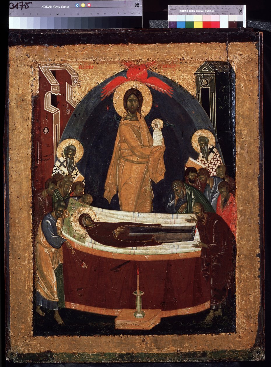 Jomfruens sovesal. Jomfruens død, strukket ut på en seng, omgitt av apostlene, over henne, Kristus bærer bort hennes sjel, lik et barn kledd i hvitt. Maleri av Theophanes den greske (ca. 1340-ca. 1410) av School Russian