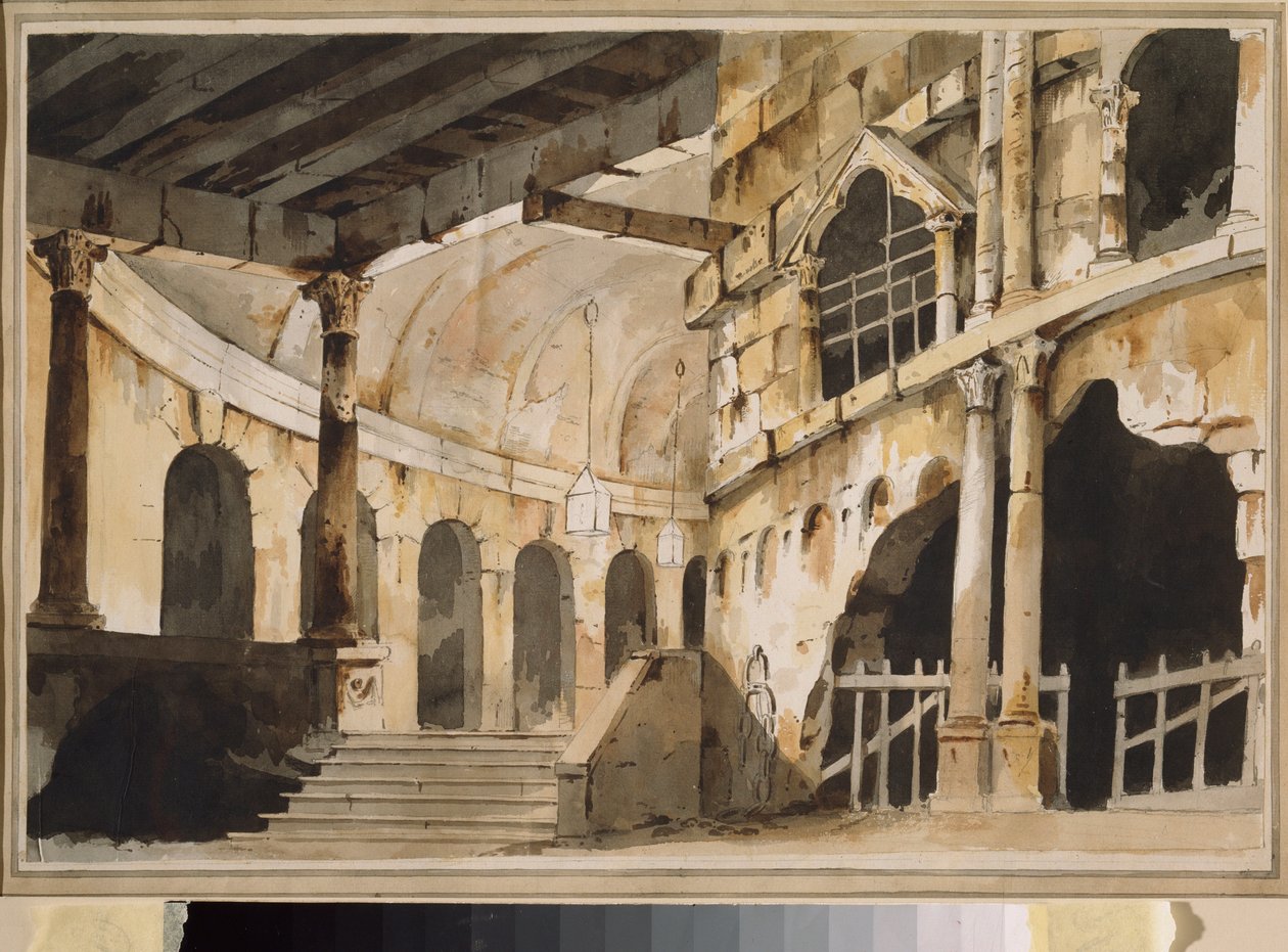 Fengselet. Forberedende dekor for et skuespill. Arbeid av en russisk mester, ca 1790, akvarell på papir. Russisk scenografisk kunst fra 1700-tallet. Museum Palace Ostankino, Moskva. av School Russian