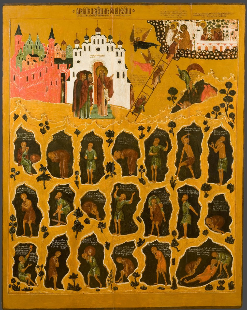 ""Visjonen til Saint John Climacus"" Øverst til høyre er representert den hellige stigen til Saint John the Sinaiticus - Den representerer munkene som når toppen av stigen og de som faller i helvete - Russisk ikon fra begynnelsen av 1500-tallet S av School Russian