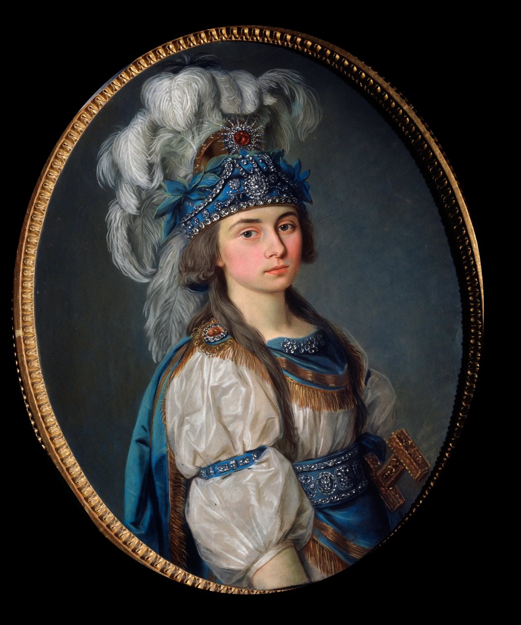 Skuespillerinnen og sangeren Praskovia Zhemchugova (1768-1803), som Eliane, for operaen av Andre Ernest Modeste (Andre-Ernest-Modeste) Gretry (1741-1813), ""Les Mariages samnites"". Maleri av en russisk mester, olje på lerret, slutten av 1780. Russisk scen av School Russian