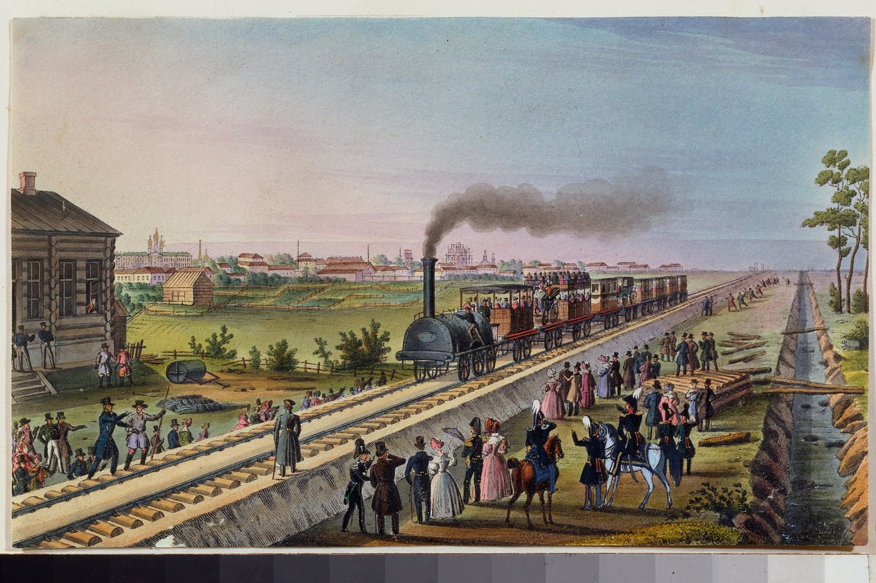 Ankomsten av det første toget fra St. Petersburg til Tsarskoye Selo, 30. oktober 1837. Verk av en russisk mester, akvarell på papir av School Russian