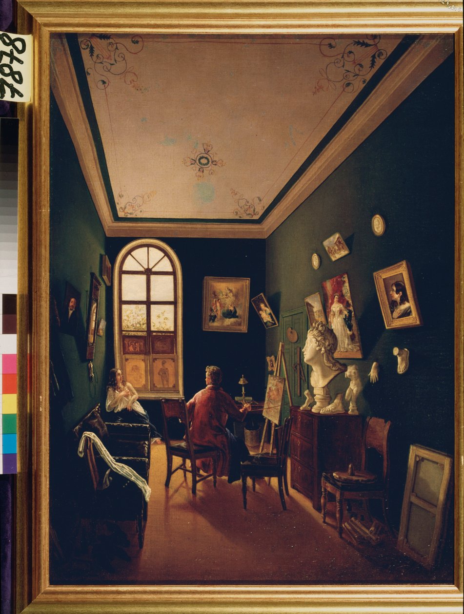 Malerens atelier. Maleri av en russisk mester, olje på lerret av School Russian
