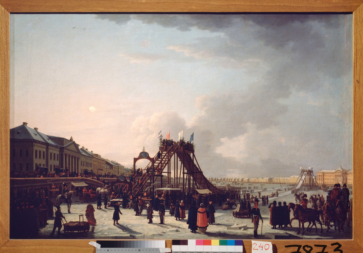 De åtte store (berg-og-dal-banen) på Neva i St. Petersburg. (Efemær sklie for vintersesongen). Maleri av en russisk mester, olje på lerret av School Russian