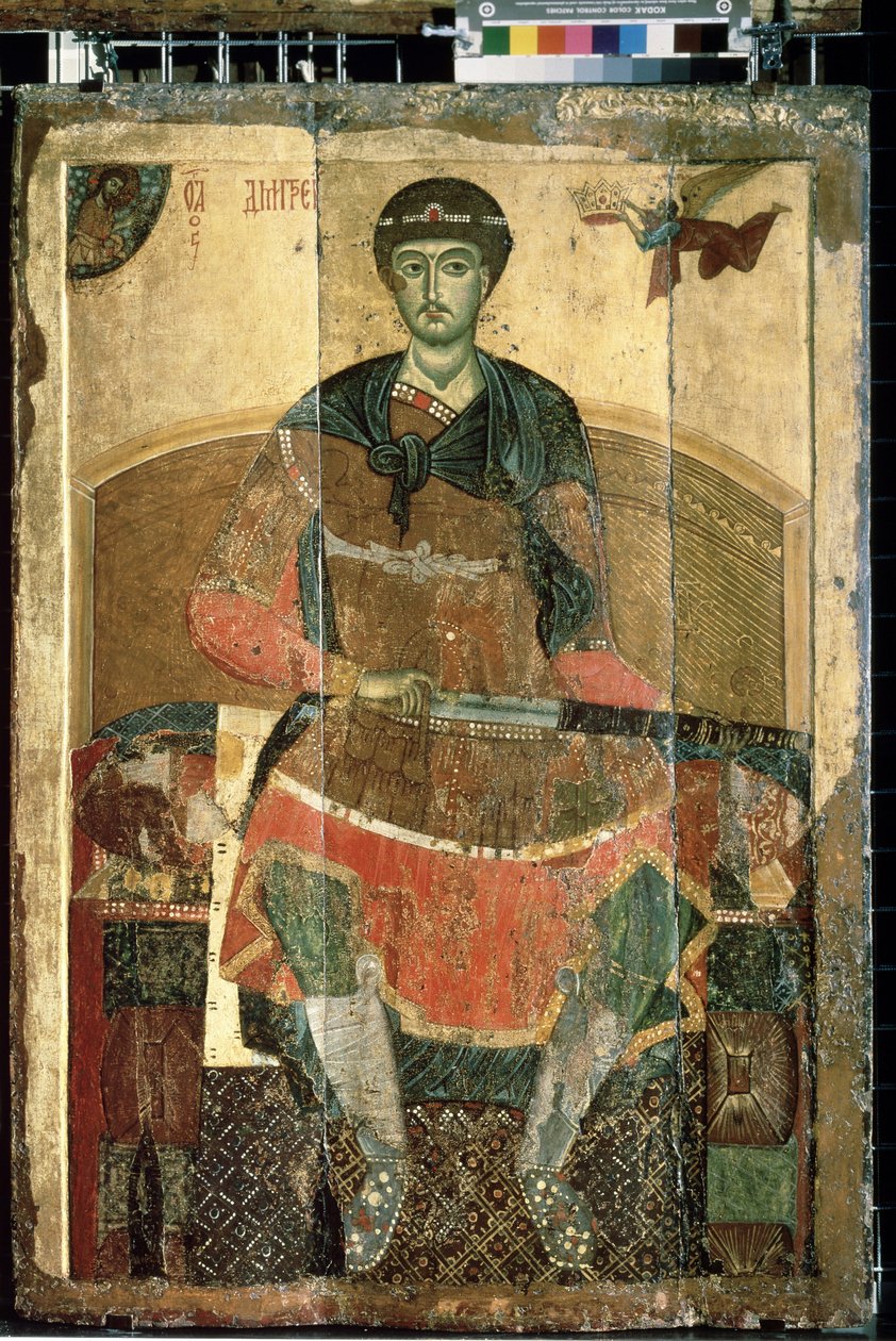 ""Den kristne martyren Saint Demetrios fra Thessalonica tronet"" Russisk ikon. Maleri på tre fra begynnelsen av det 13. århundre State Tretyakov Gallery, Moskva av School Russian