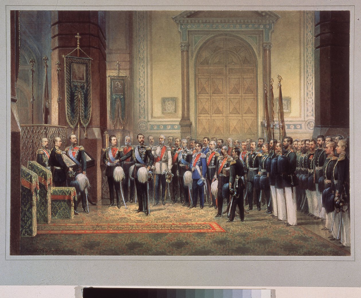 Troskapseden til Tsarevich Nicholas Alexandrovich Romanov fra Russland (1843-1865) i hærkirken. Arbeid av en russisk mester, akvarell på papir av School Russian