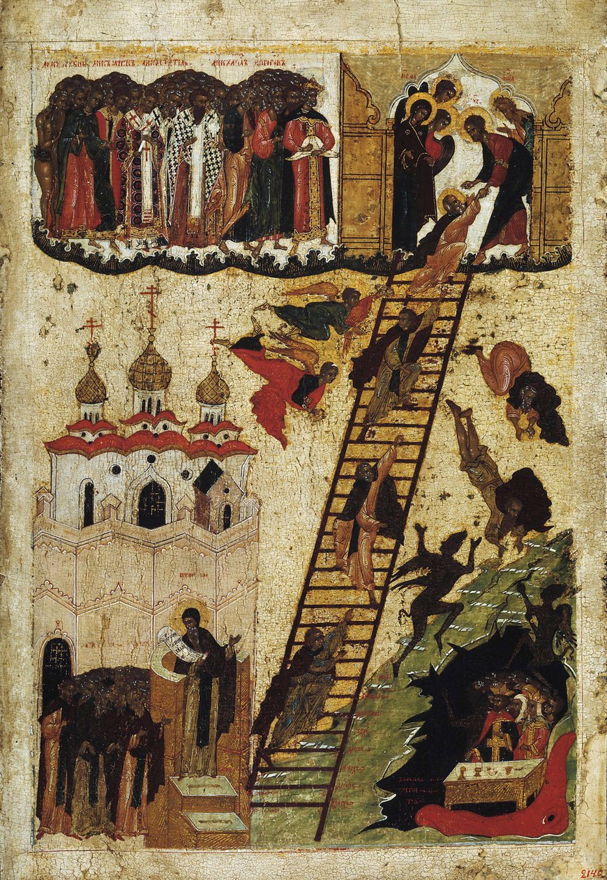 ""The Ladder of Paradise of Saint John Climacus"" (Holy Ladder of Saint John the Sinaiticus) Den representerer munkene som når toppen av stigen og de som faller inn i helvete - russisk ikon fra begynnelsen av det 16. århundre State Russian Museum , hellig  av School Russian