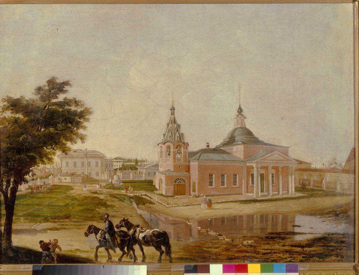 Kirken til Rzhev-ikonet til den hellige Guds mor, i Moskva. Anonymt maleri, olje på lerret, midten av 1800-tallet. russisk kunst av School Russian