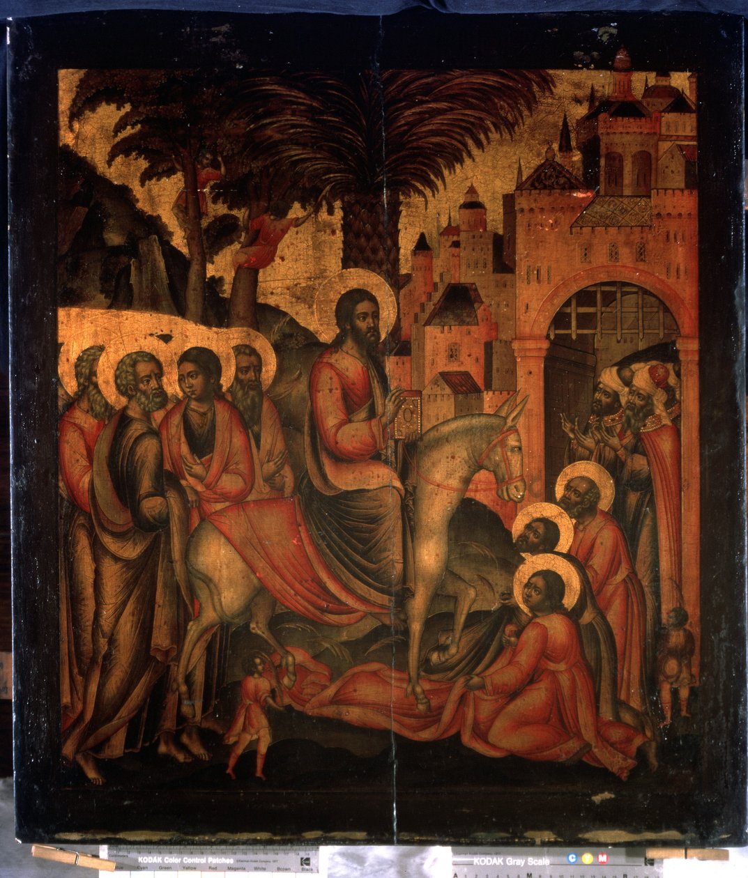 ""Kristi inntog i Jerusalem"" Russisk ikon. Maleri på tre fra 1600-tallet State United Museum Center i Kreml, Moskva av School Russian