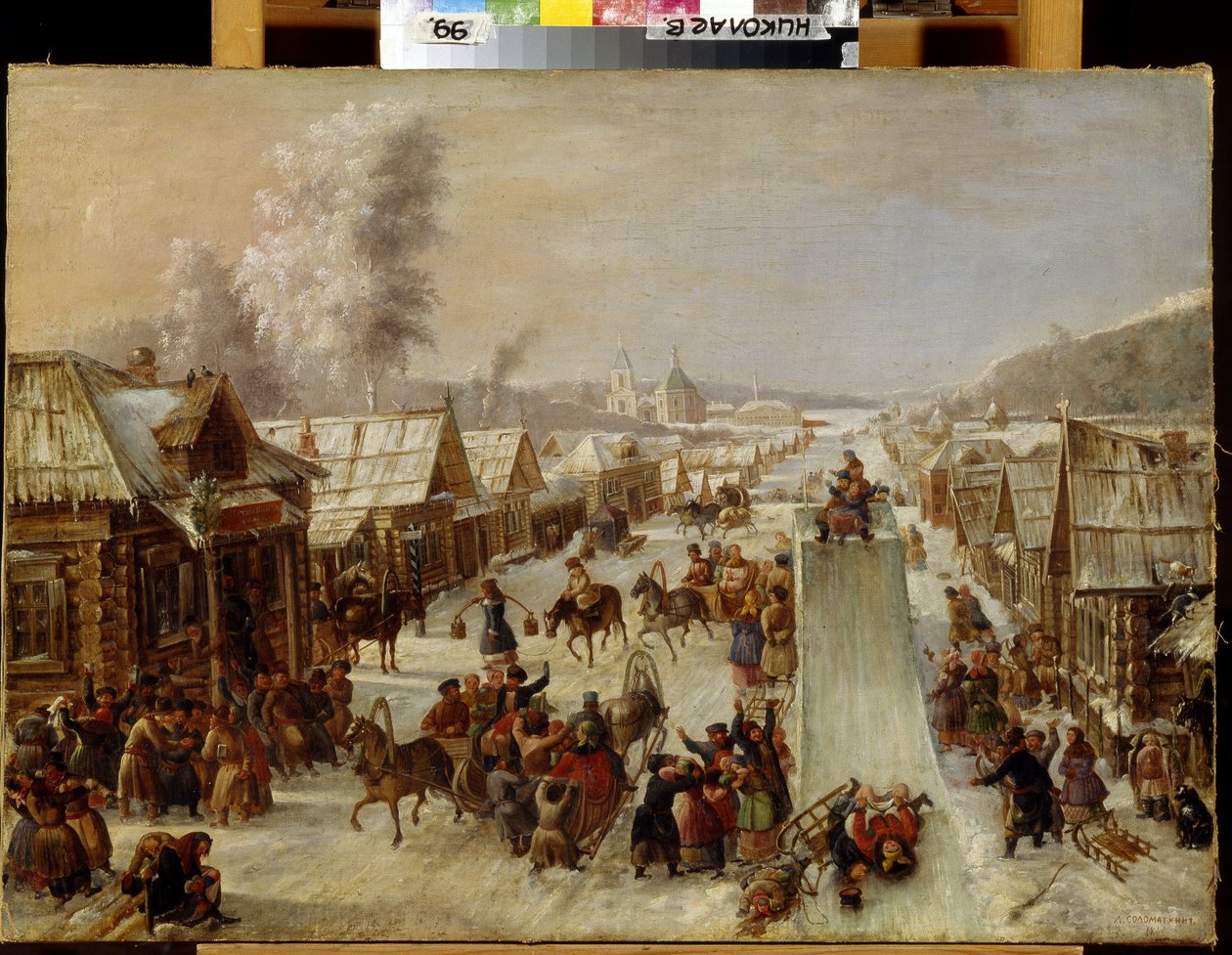 Fastelavn (fastelavn). Scene med tradisjonelle festligheter og populære gleder i en snødekt gate i en liten by med trehus. En akebakke er anlagt og innbyggerne drikker og hilser glade på hverandre. anonymt maleri, av School Russian