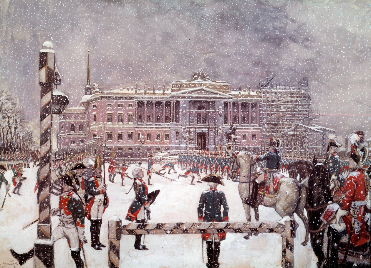Militærparade foran Mikhailovsk-palasset i nærvær av Paul I (1754-1801), russisk keiser. Russisk skole av School Russian