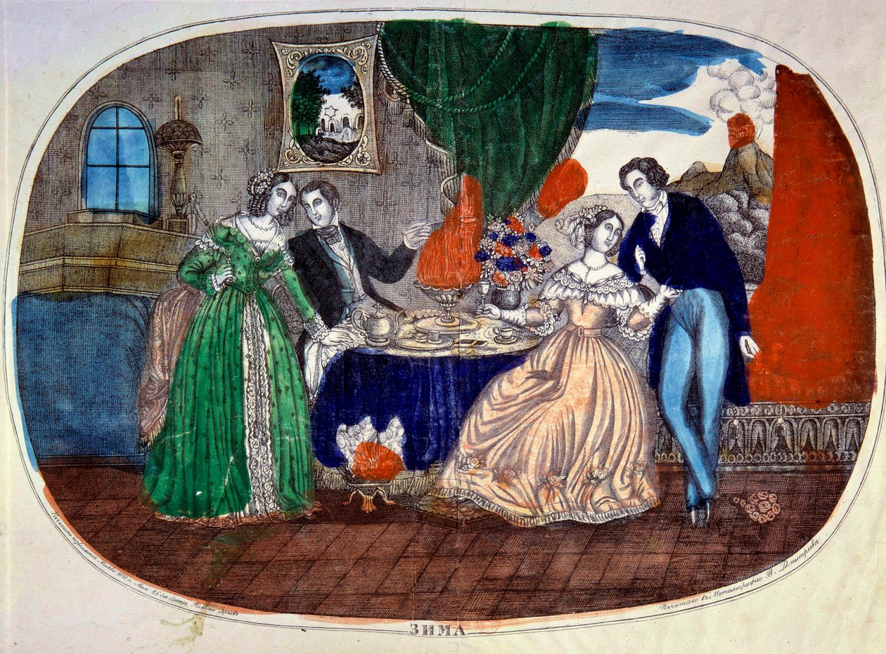 Mondanite: scene for måltider og forførelse mellom to par. Russland. Gravering omkring 1850. Privat samling av School Russian