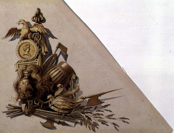 Neo-Classical Trophies of Arms, Russland, ca. 1825 (akvarell på papir) av School Russian