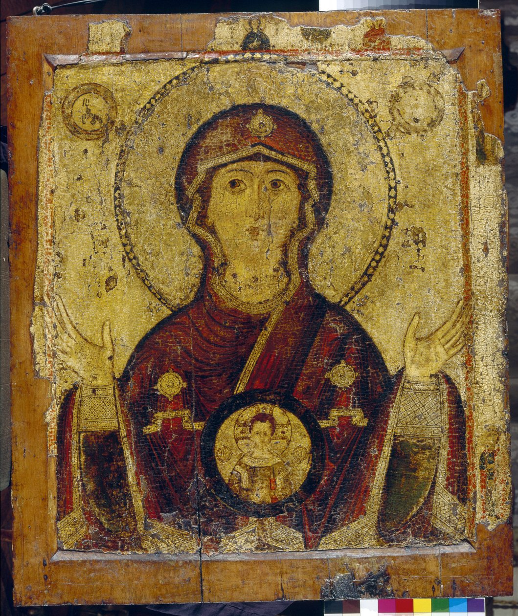 Notre Dame du Signe - Icone russe, tempera sur bois (73,4x64 cm), debut 13eme siecle - (Vår Frue av tegnet, Tempera på panel, russisk ikon, tidlig på 1200-tallet) - Tretyakov-galleriet, Moskva av School Russian