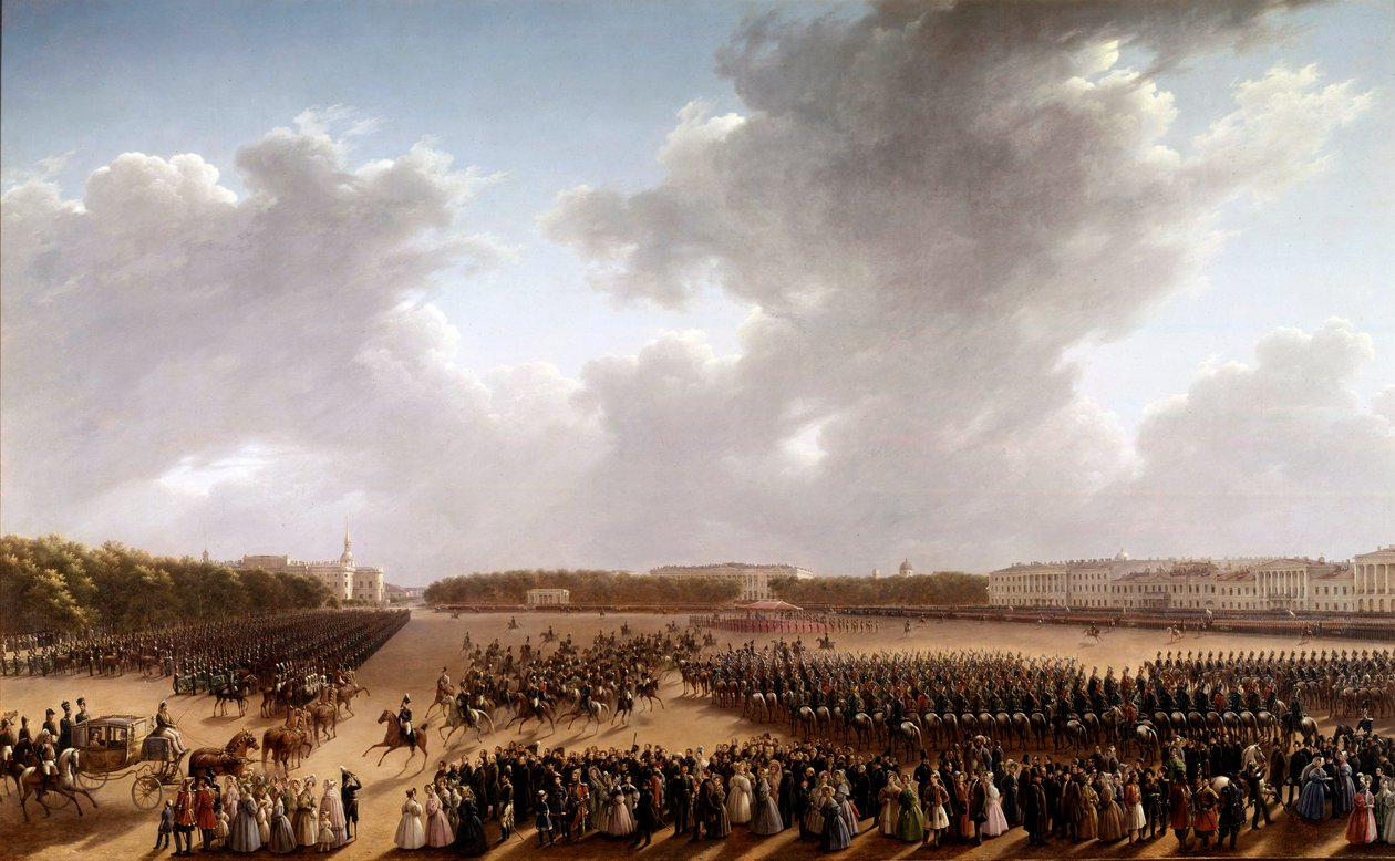 Parade på Champs de Mars, i forgrunnen Alexander Pushkin (Pushkin) (1799-1837) og Nicolas I (1796-1855) på en hest som går foran imperatrisen i en vogn i Paris Painting of the Russian School. 1825-1830. St. Petersburg, Museum of av School Russian