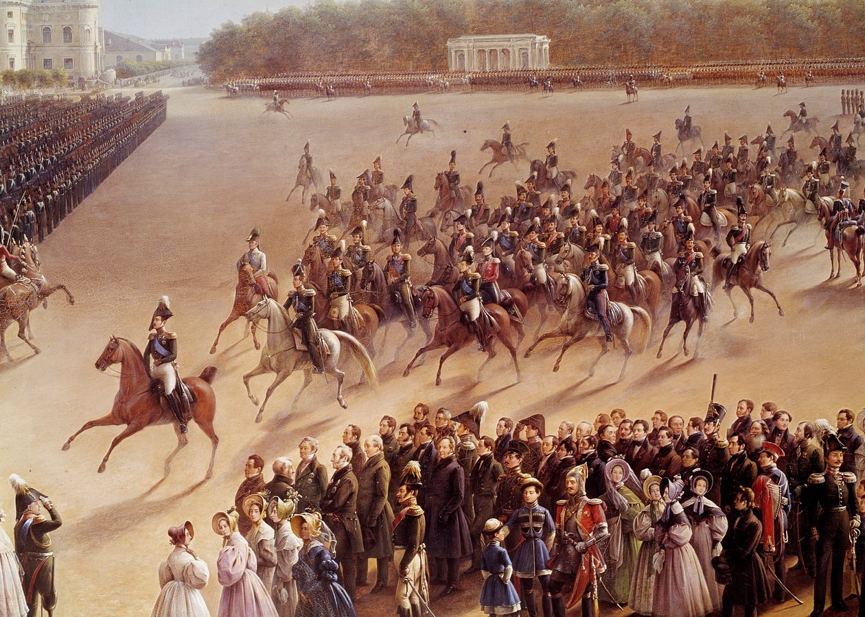 Parade på Champs de Mars, i forgrunnen Alexandre Pushkin (Pushkin) (1799-1837) og Nicolas I (1796-1855) på en hest som går foran imperatrisen i en vogn i Paris Detail. Maleri av den russiske skolen. 1825-1830. Sankt Petersburg, M av School Russian