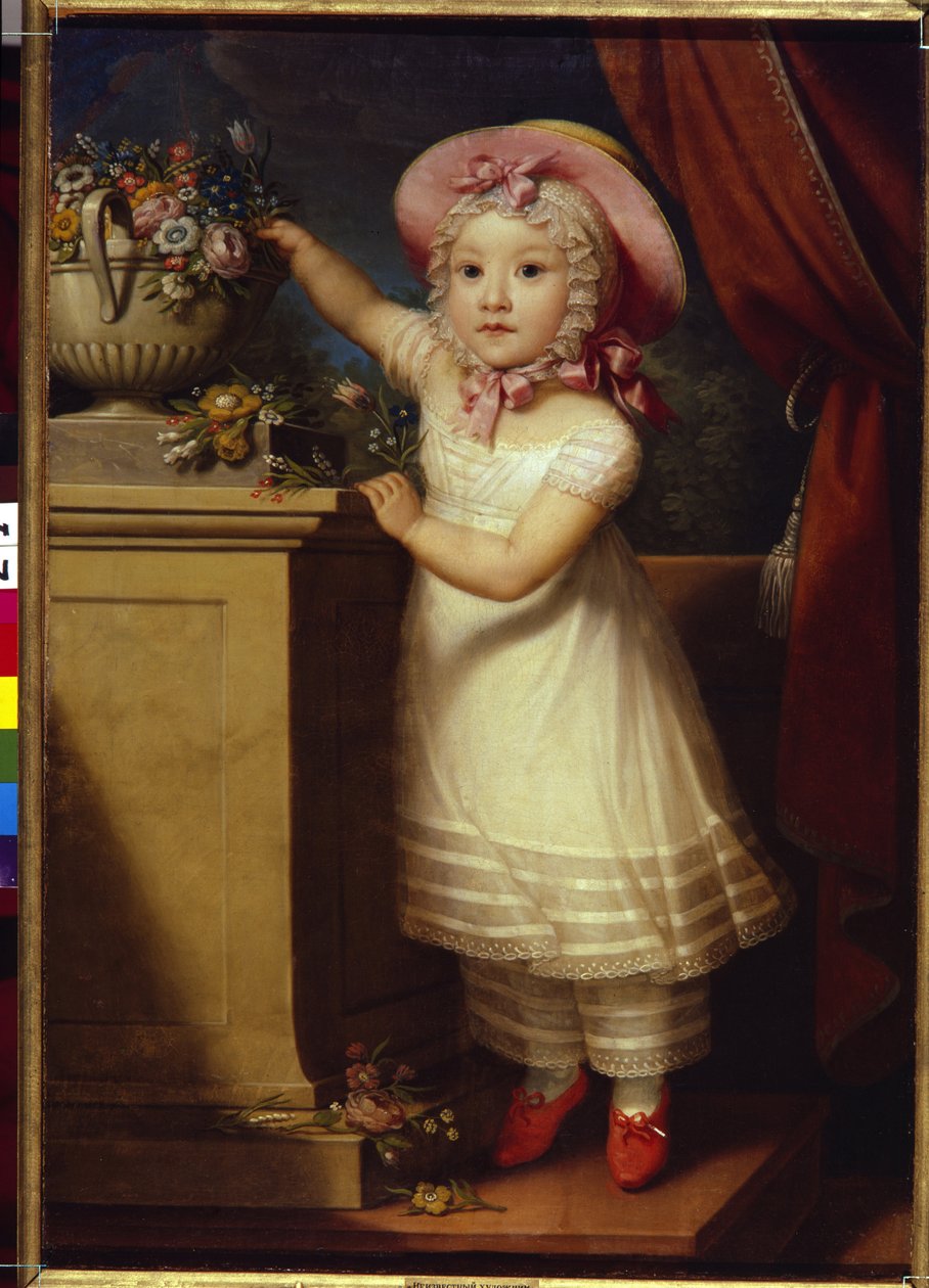 Portrett av Ekaterina Dmitrievna Obreskova (1822-1874). (Portrett av Ekaterina Dmitrievna Obreskova). En liten jente, elegant og dyrebar, står på tå for å plukke opp noen blomster fra en bukett. Anonymt maleri, olje på lerret, v av School Russian