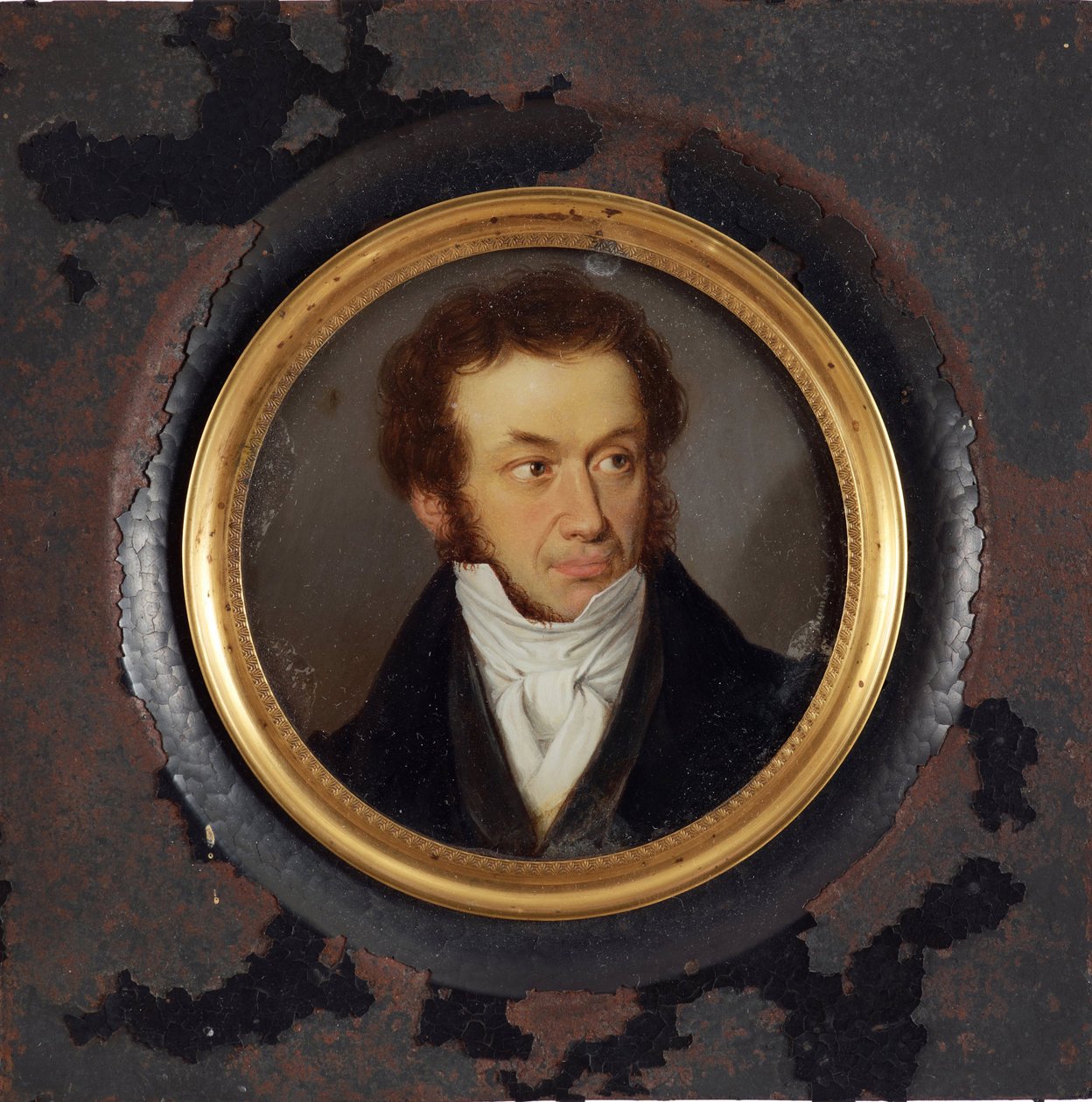 Portrett av forfatteren Alexander Pushkin (1799-1837) - Anonymt verk, gouache på pergament (8,5x9 cm), ca 1830 - Portrett av forfatteren Alexander Pushkin, Gouache på pergament, anonym av School Russian