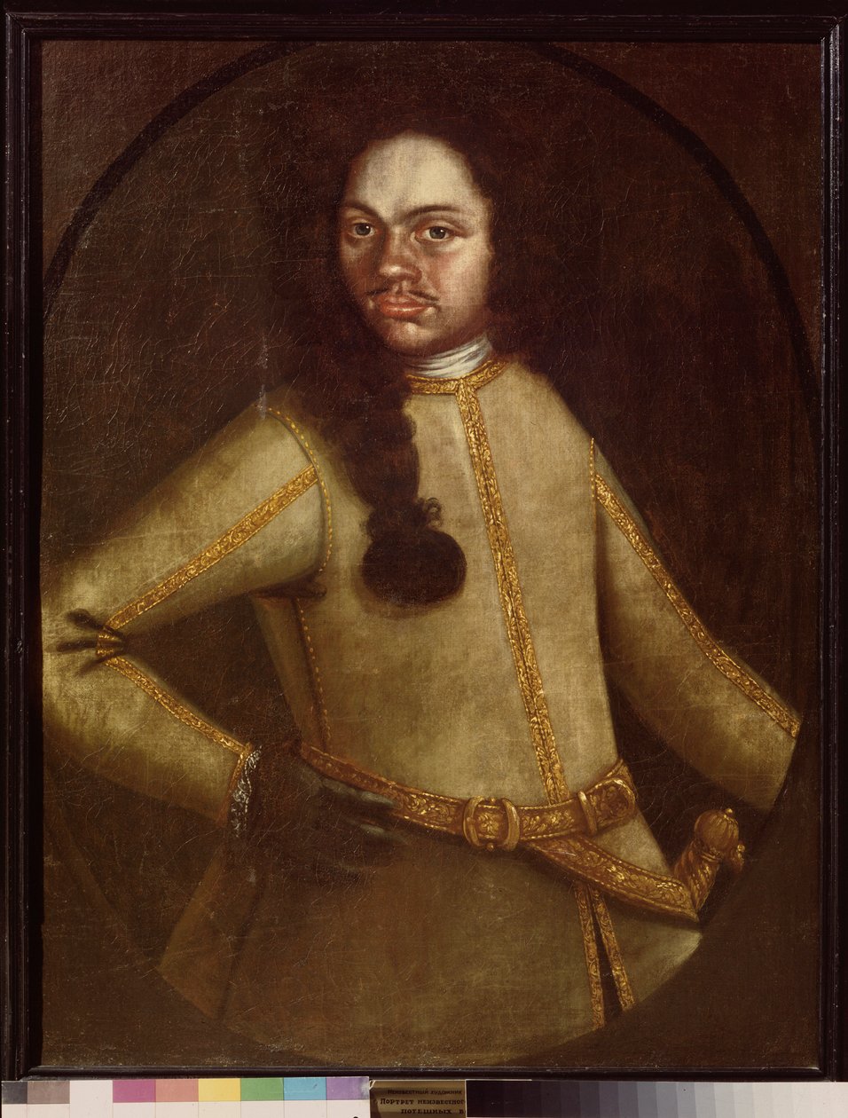 Portrett av en mann i uniformen til rekruttene til regimentet til Pierre I (1672-1725). Anonymt maleri, olje på lerret, tidlig 1700-tall. russisk kunst. State Museum of Ceramics and Country Estate fra 1700-tallet. Kuskovo, Moskva. av School Russian