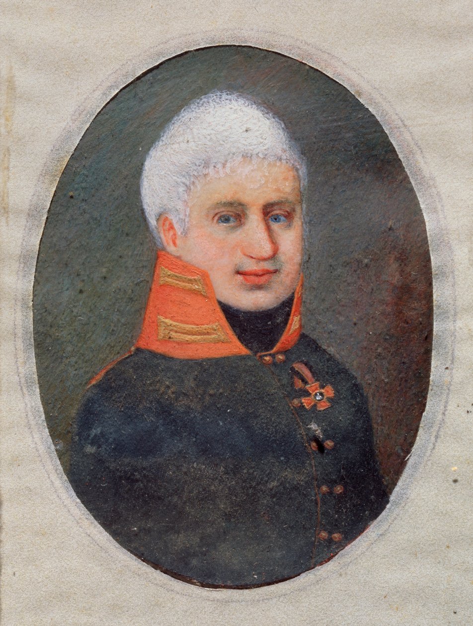 Portrett av poeten Anton A. Delvig (Delwig) (1798-1831). (i militæruniform). Arbeid av en russisk mester, akvarell og gouache på horn, ca 1800. Russisk kunst fra 1800-tallet. Statens kunstmuseum, Tula (Russland). av School Russian