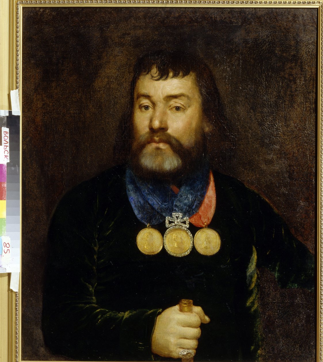 Portrett av poeten Constantin Zlobin (1777-1813). Stolt iført tre gull- og diamantmedaljer rundt halsen. Anonymt maleri, olje på lerret, tidlig 1800-tall. russisk kunst av School Russian
