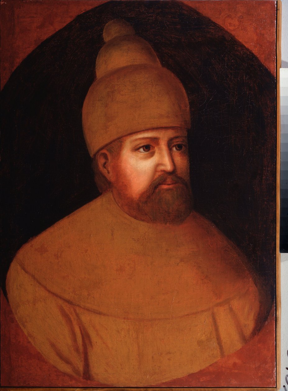Portrett av tsar Michael I Fyodorovich Romanov av Russland (1596-1645). Maleri av en russisk mester, olje på lerret, andre halvdel av 1600-tallet. Tradisjonell russisk kunst. Regionalt kunstmuseum, Rostov-na-Don (Russland). av School Russian