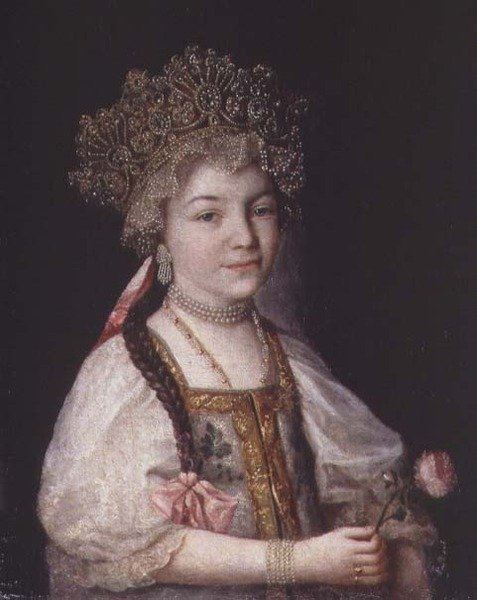Portrett av Alexandra Pavlovna i russisk nasjonaldrakt, ca. 1790 (olje på lerret) av School Russian