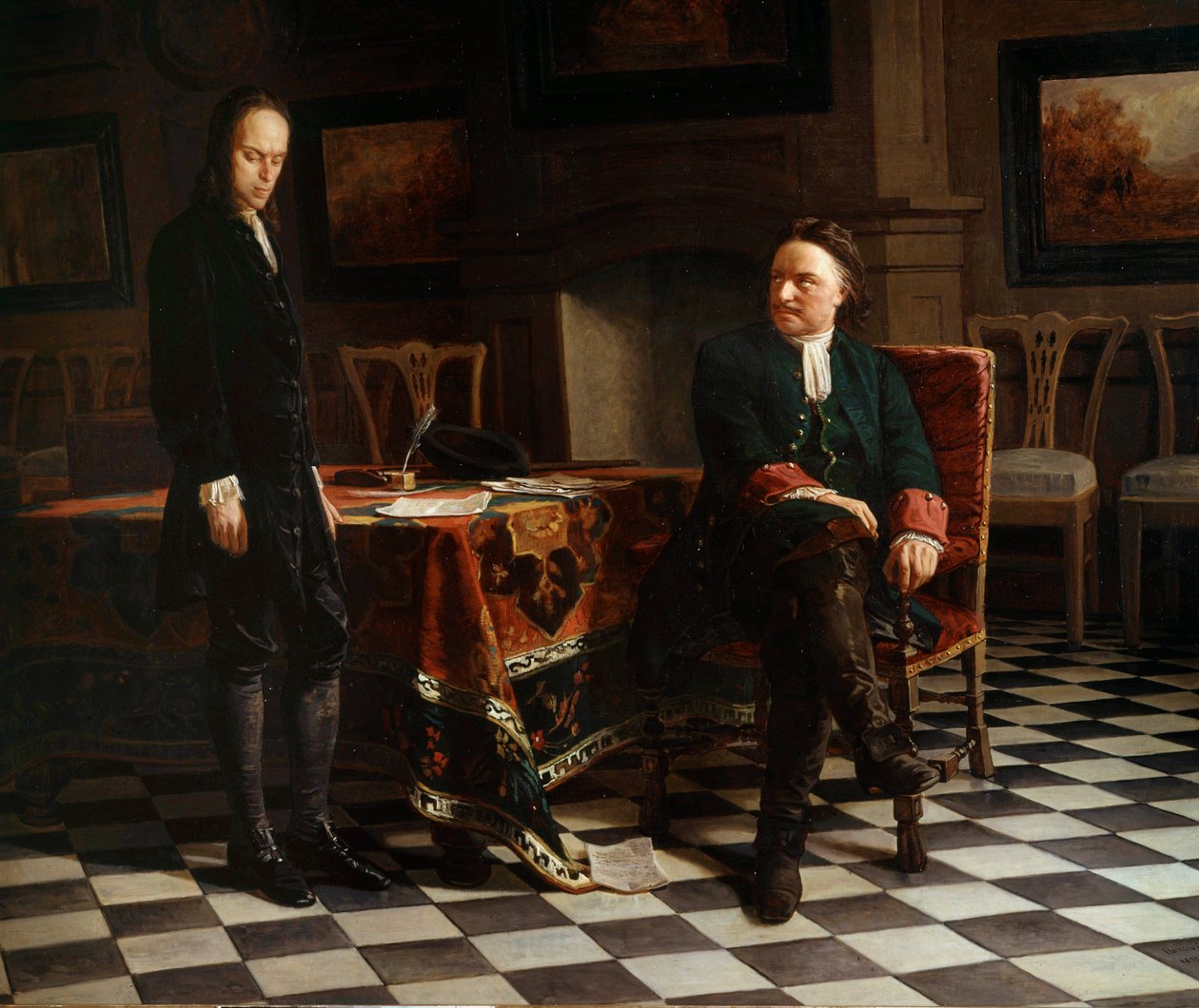 Portrett av Peter I den store (1672-1725), russisk tsar og hans sønn Alexis (1690-1718) Maleri av den russiske skolen av School Russian