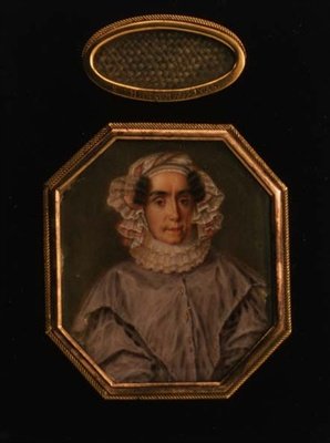 Portrett av Praskovya Mikhailovna Tolstaya (1777-1844), med en gitterlokk av håret, ca. 1844 (akvarell og gouache) av School Russian