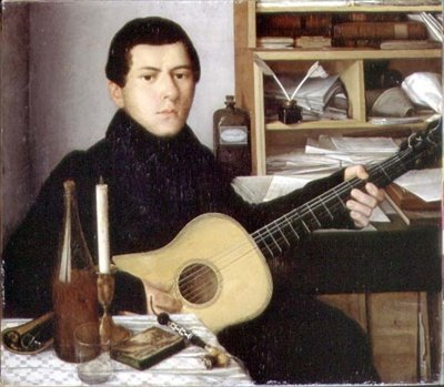 Portrett av en ung mann med en gitar, ca. 1830 (olje på lerret) av School Russian