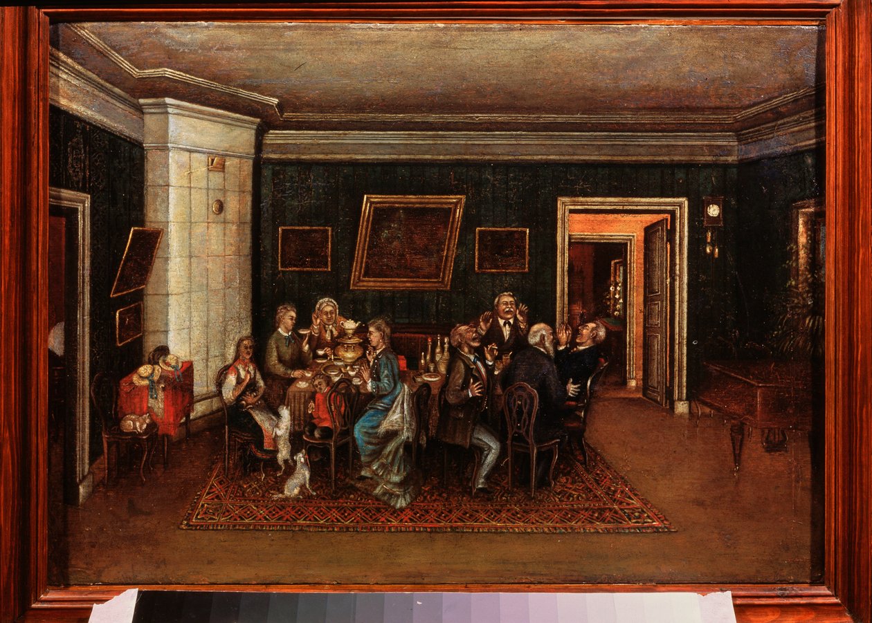 Kveldsmottak. (Scene av dagliglivet, familie og venner er samlet rundt middagsbordet). Maleri av en russisk mester, olje på lerret, midten av 1800-tallet. Statens sentrale litterære museum, Moskva. av School Russian