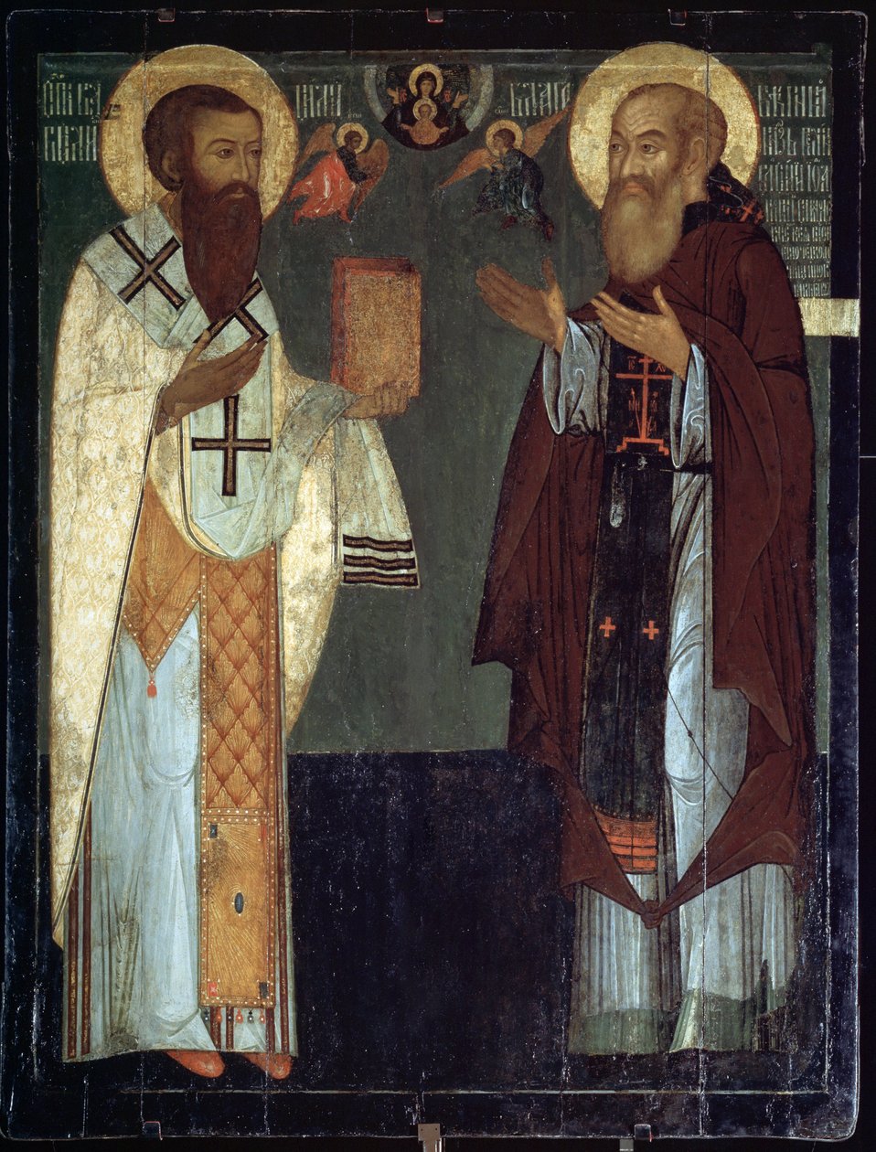 ""Representasjon av den hellige basilikum av Cesarea eller basilikum den store (330-379) og Vasily III Ivanovitch (1479-1533), storprins av Vladimir og Moskva"" Russisk ikon statshistorisk museum fra 1500-tallet, Moskva av School Russian
