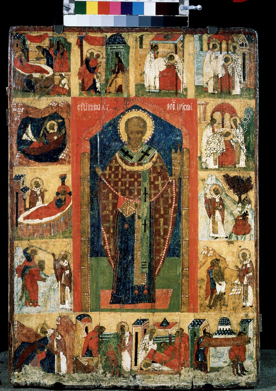 Altertavle av livet til den hellige Nicolas av Myre eller Bari (270-345). Russisk ikon. Maleri på tre fra slutten av 1400-tallet. Statens Tretyakov-galleri, Moskva av School Russian