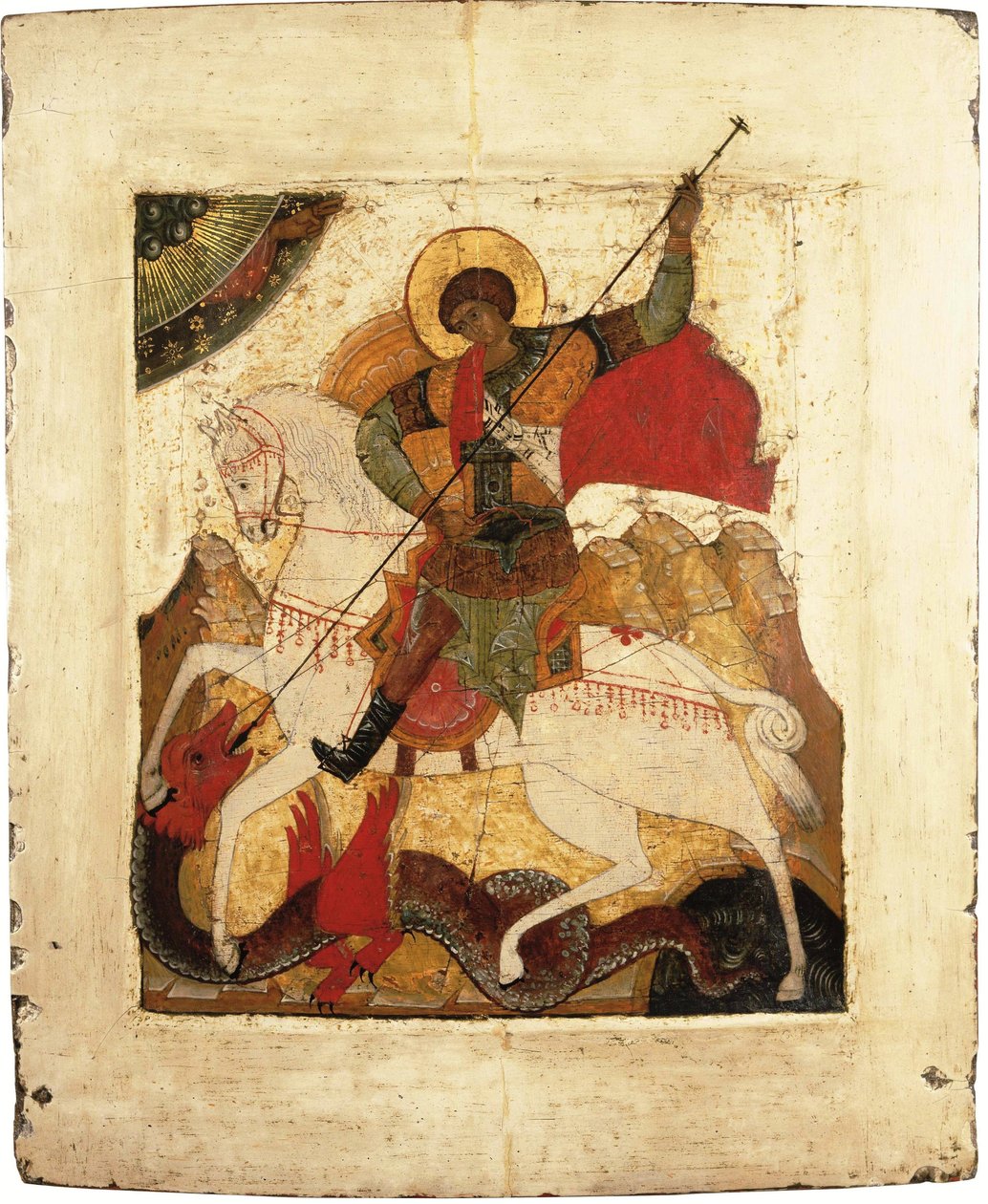 Saint George and the Dragon - russisk ikon. Tempera på panel, tidlig 1500-tall. Dimensjon : 31,5x26,5 cm Ikonen Museum Recklinghausen av School Russian