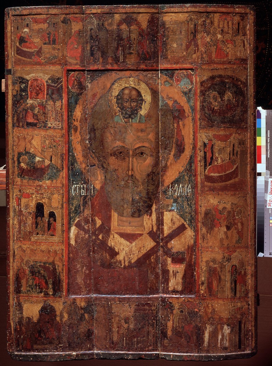 Saint Nicolas de Myre ou de Bari, avec des scenes de sa vie (Saint Nicholas with Scenes of his Life). Russisk ikon, tempera på tre, tidlig 1400-tall, gammel kunst fra Yaroslavl (Russland). Statens kunstmuseum, Yaroslavl (Russland). av School Russian