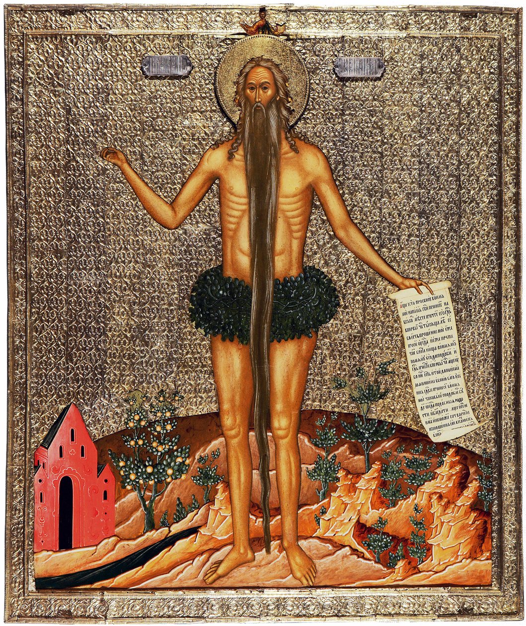 Saint Onuphrius (Saint Onuphrius). Onuphre the anchorite eller The Great (4. århundre), munk deretter eremitt i Egypt, er han tradisjonelt representert med et langt skjegg og grener som klær. Anonymt verk fra Moskva, tempera på tre, ca av School Russian