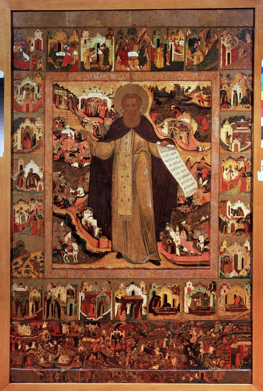 Saint Sergius of Radonege (1313-1392), med scener fra livet hans (Saint Sergius of Radonezh with Scenes of His Life). Russisk ikon, tempera på tre, ca 1640. Gammel kunst fra Yaroslavl (Russland). Statens kunstmuseum, Yaroslavl (Russland). av School Russian