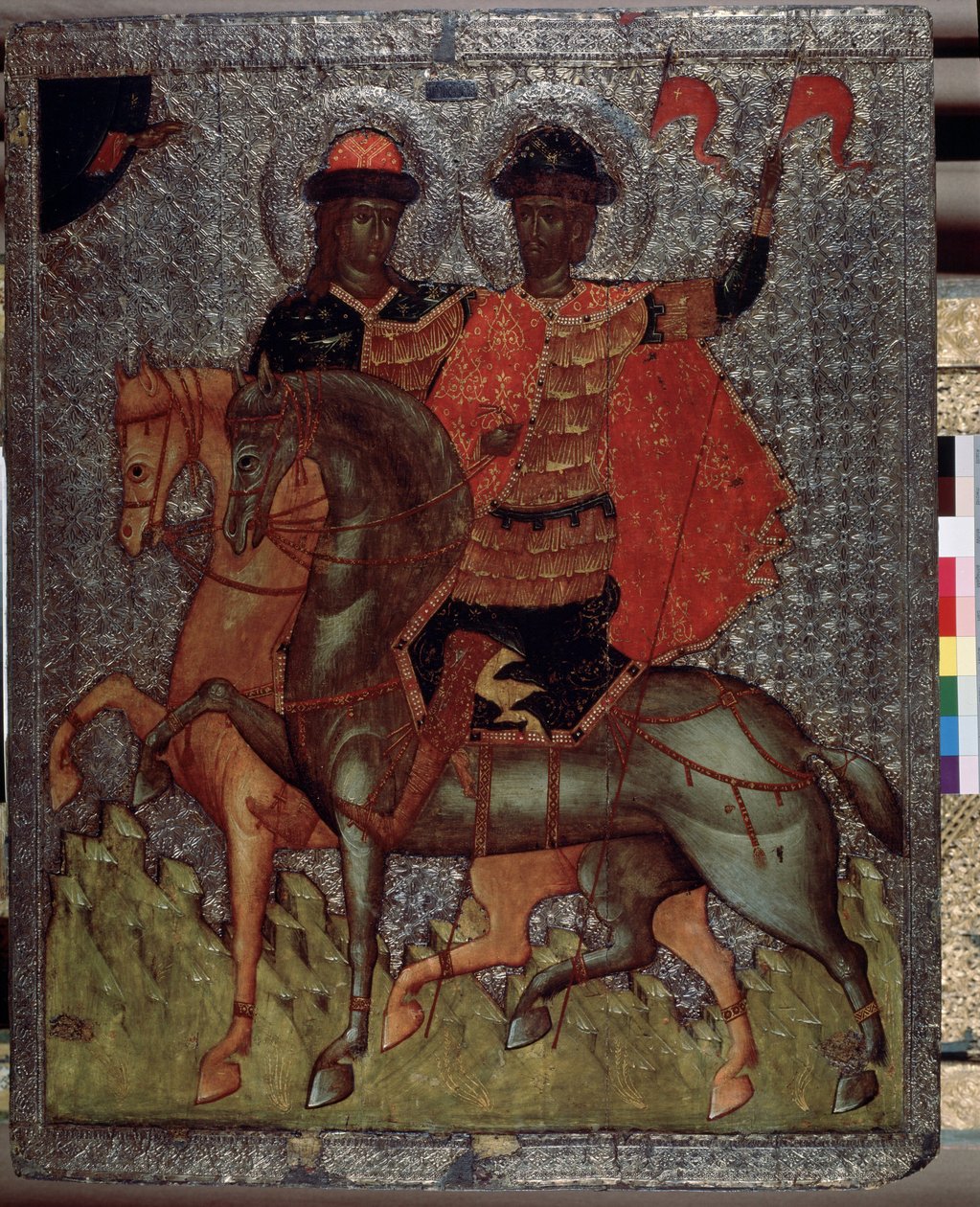 De hellige Boris (eller Roman) og Gleb (eller David) på en hest (martyrer i 1015) (De hellige Boris og Gleb på hesteryggen). Yngre sønner til Saint Vladimir, storprins av Kiev, de var alltid preget av sin fromhet, men da faren døde, den eldste Svia av School Russian