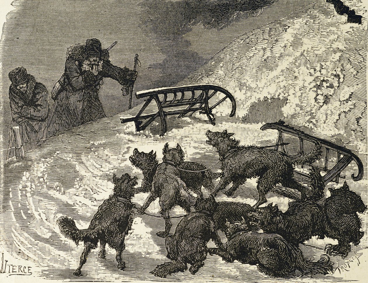 Sibir. Slede veltet, russisk kunstner (gravering), av School Russian