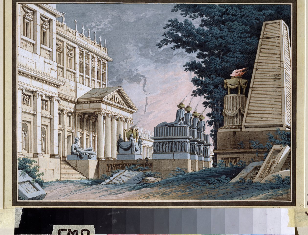 Tempel, scenedesign for et teaterstykke. Anonymt maleri. Akvarell og gouache på papir, ca 1800. Russisk teaterdekor. Museum Palace Theatre Ostankino, Moskva. av School Russian