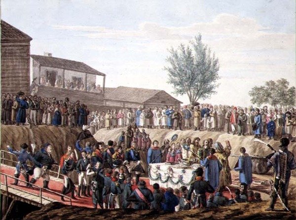 Nedleggingen av den første steinen til tollhuset i Mohiloff i 1820 (akvarell på papir) av School Russian