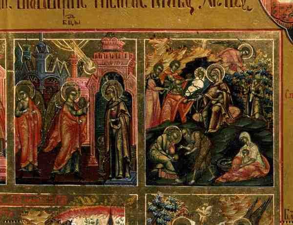 Oppstandelsen og nedstigningen til helvete, detalj fra The Margin of the Feasts som skildrer kunngjøringen og fødselen (tempera på panel) av School Russian
