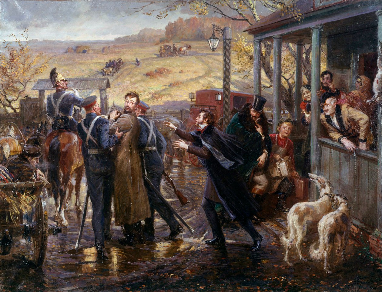 Den russiske poeten Alexander Pushkin (Pushkin) (1799-1837) møter sin Decembrist-venn Kukhelbacker som drar til Zabaze jernbanestasjon i 1827 Painting of the Russian School. St. Petersburg fra 1800-tallet, Hermitage-museet av School Russian