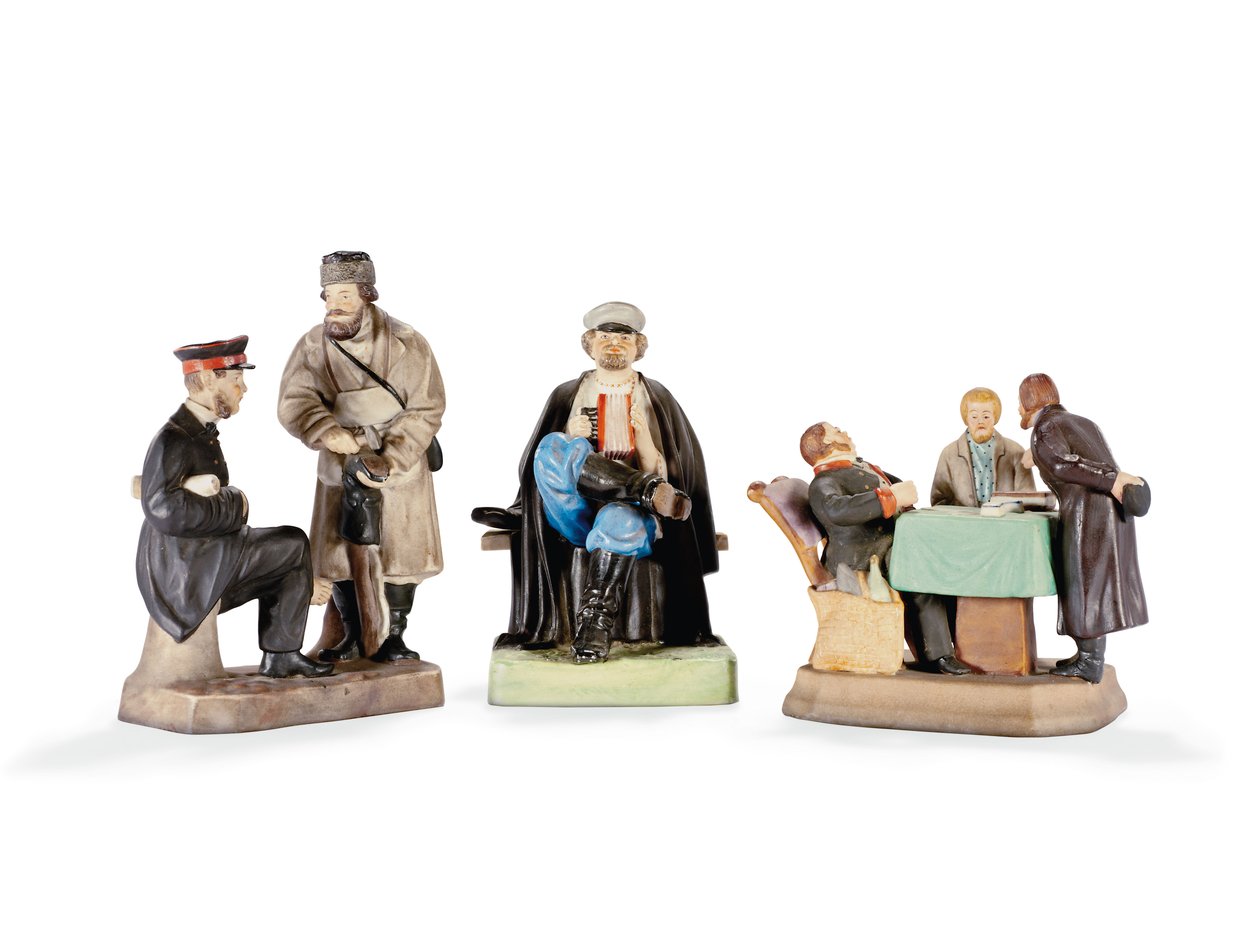 Tre porselensfigurgrupper av Gardner Porcelain Factory, sent på 1800-tallet (porselen) av School Russian