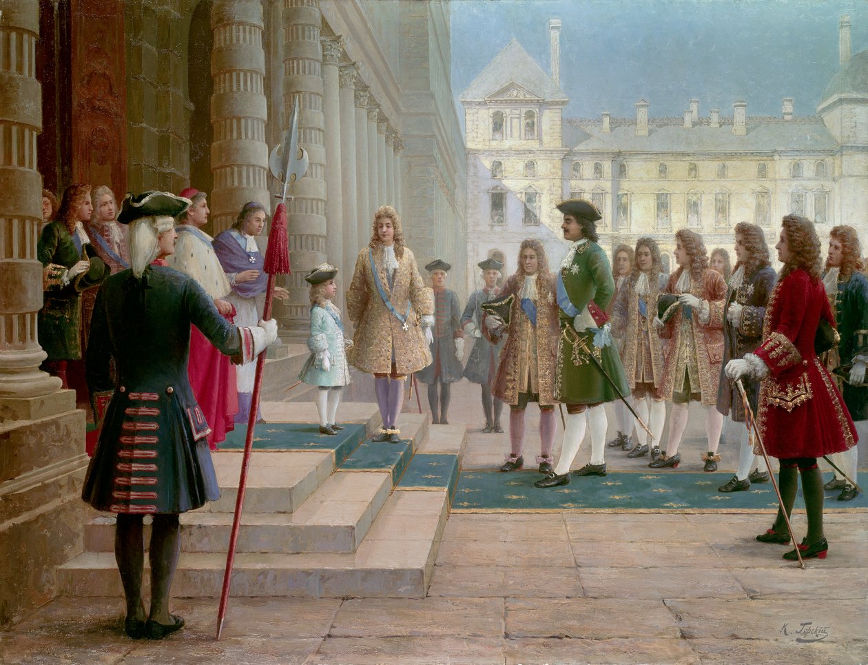 Tsar Pierre Le Grand (1672-1725) ønsket velkommen av Louis XV-barn i Versailles i 1717 - Maleri av Gorsky (1800-tallet) av School Russian