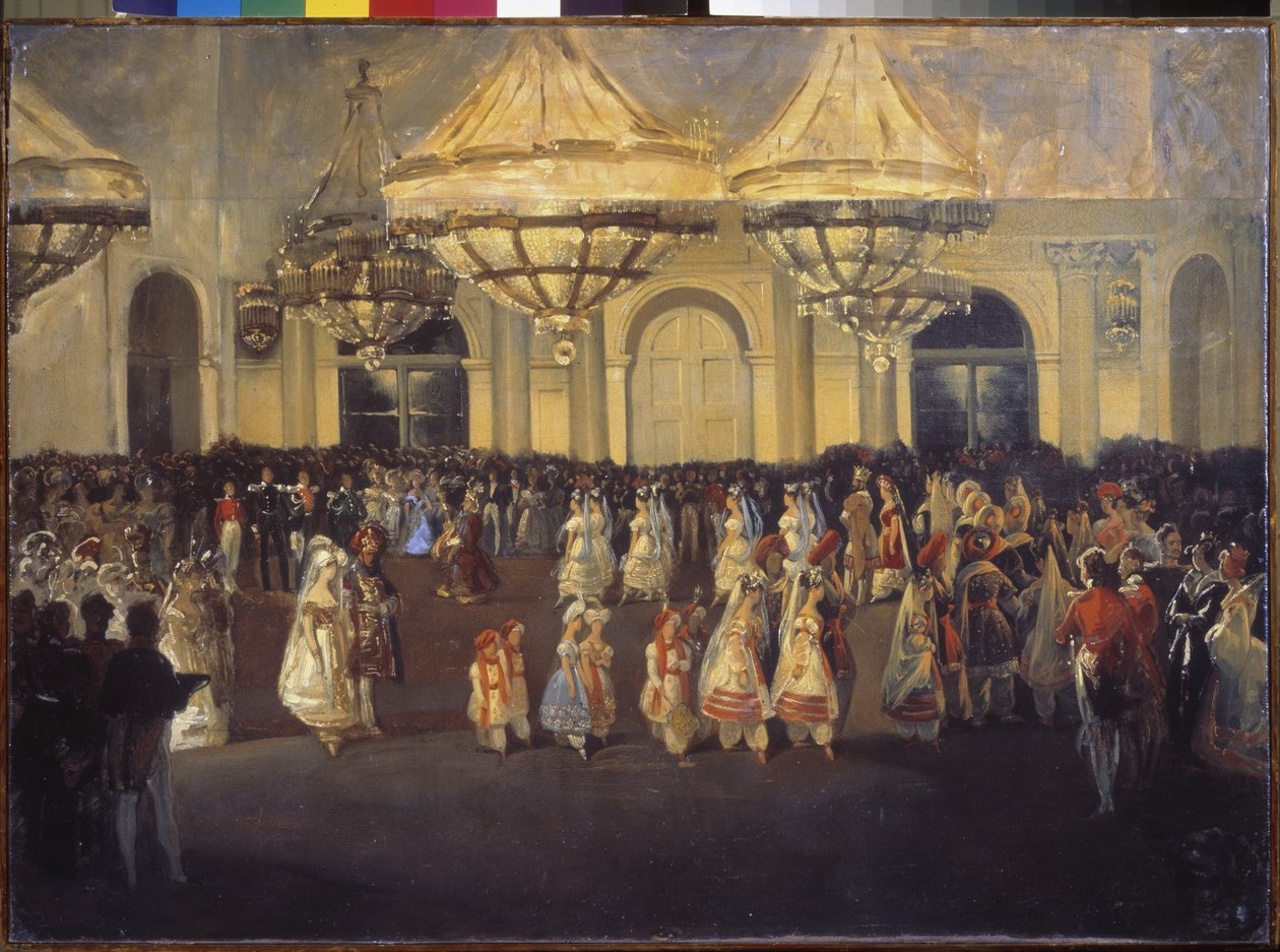 En ball i vinterpalasset (Sankt Petersburg) under Nicholas I (1796-1855). Maleri av en russisk mester, olje på lerret, ca 1830. Russisk kunst av School Russian