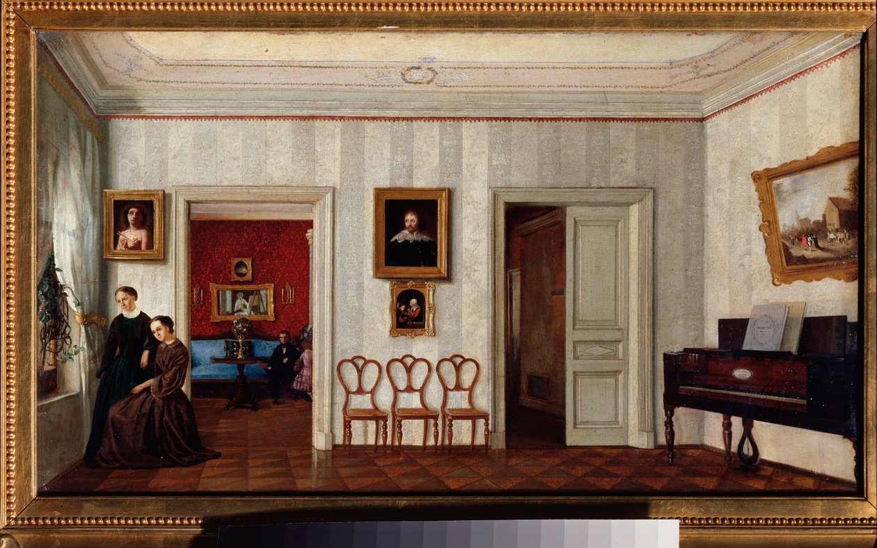 Et lite rom med piano. (Og to kvinner som ser ut av vinduet). Maleri av en russisk mester, olje på lerret, midten av 1800-tallet. Statens Tretyakov-galleri, Moskva. av School Russian