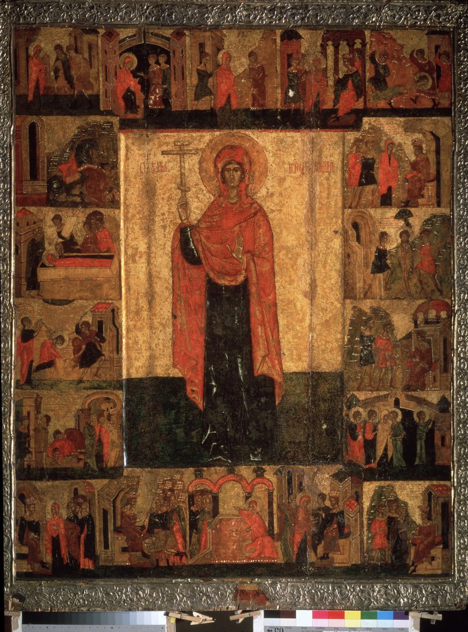 ""Livet og episodene av Saint Paraskeva Pyatnitsa"" Russisk ikon. Maleri på tre fra 1400-tallet. Statens historiske museum, Moskva av School Russian